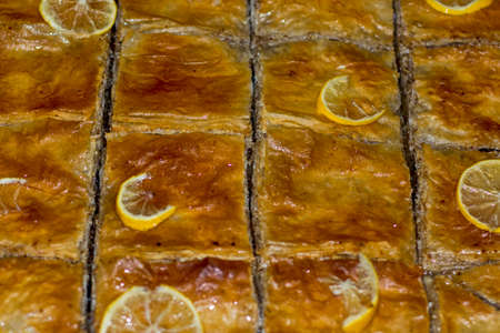 Casserole with freshly baked baklava. This oriental delicacy is very popular with children.の写真素材