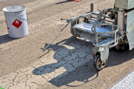 Zrenjanin, Serbia March 26, 2021. Workers of a company that paints pedestrian crossings, popularly called "zebras", mark and paint on asphalt.のeditorial素材