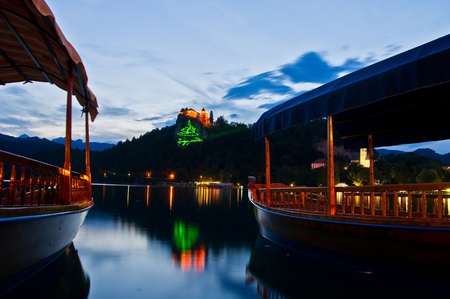 Animated laser beam as an intoduction to an annual summer festival on the lake Bled in Sloveniaのeditorial素材
