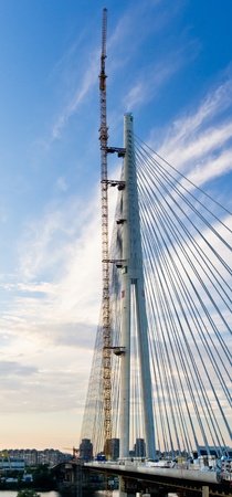 Single pilon suspension bridge construction site over the Sava riverの写真素材