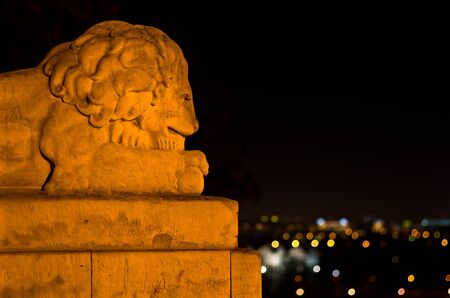 Stone lion keeps an eye on urban jungleの写真素材