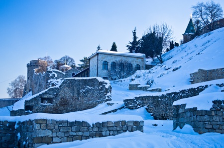 Kalemegdan fortress covered with snow, positioned at the confluence of rivers Danube and Sava, Belgrade, Serbiaの写真素材