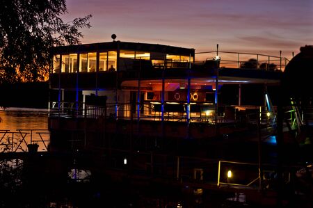 Ships at Danube river by night, Belgrade, Serbiaのeditorial素材