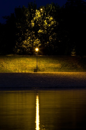 Lantern by the river at night, view from Ada island, Belgrade, Serbiaの写真素材