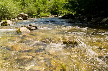 Fast and cold mountain river at hot summer, Trenjica gorge, west Serbiaの写真素材