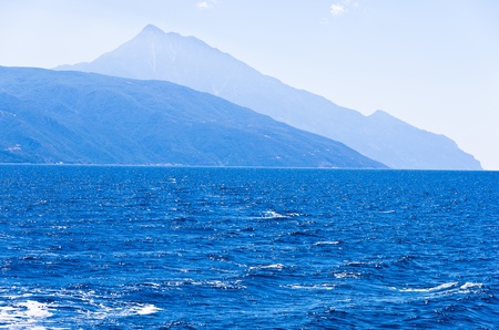 Sailing on Aegean along Macedonian coast, Chalkidiki, Macedonia, Greeceの写真素材