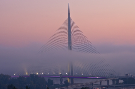 Cable bridge in fog at morning, Belgrade, Serbiaの写真素材