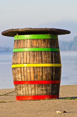 Barrel with a collored hoops at the pub on a lake, Belgrade, Serbiaの写真素材