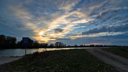 Ferry station on river Danube at sunset, east Serbiaの写真素材