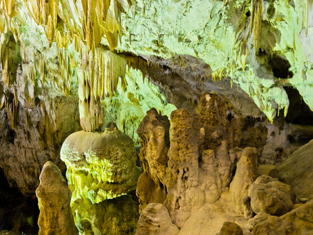 Detail of lluminated cave wall with a lot of amazing natural decorations, Homolje mountains, east Serbiaの写真素材