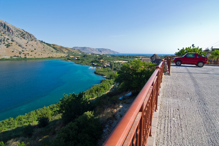 Kournas lake and aegean sea, north coast of Crete islandの写真素材