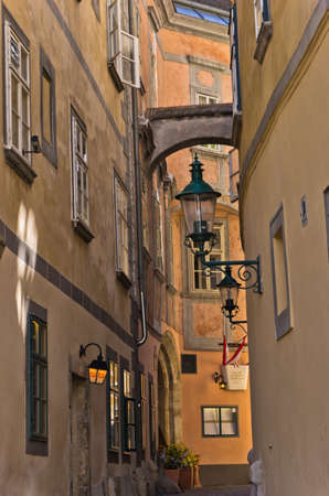 Stylish lantern on very old buildings near Swedish square in Vienna, Austriaのeditorial素材