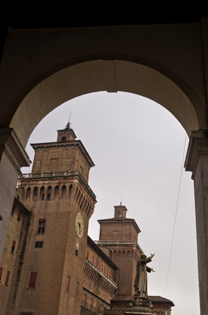 Clock tower on castle Estense, City of Ferrara, province Emilia-Romagna, Italyのeditorial素材