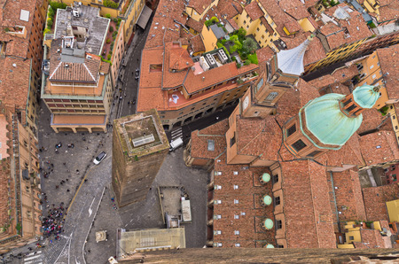 Aerial cityscape view from  Due torri  or two towers, Bologna, province Emilia-Romagna, Italyの写真素材
