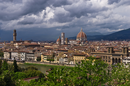 Panorama of Florence with dramatic sky before a storm, Tuscany, Italyの写真素材