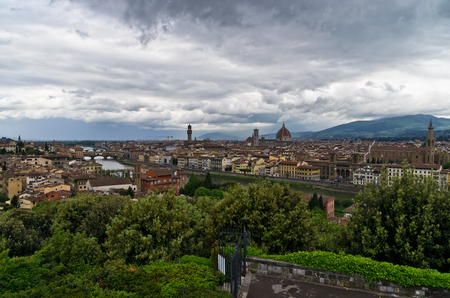 Panorama of Florence with dramatic sky before a storm, Tuscany, Italyの写真素材