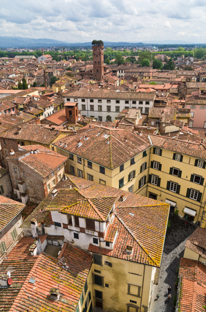 Cityscape of Lucca with Guinigi tower in front, Tuscany, Italyのeditorial素材