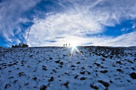 Hiking through mountain landscape in early spring, mount Stolovi, Serbiaの写真素材