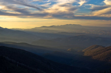 Mountain landscape in early spring at sunset, mount Stolovi, Serbiaの写真素材