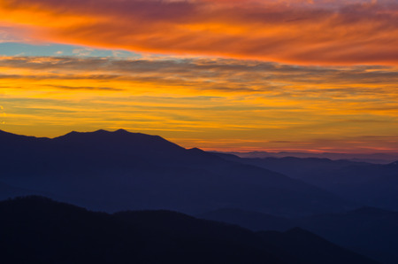 Mountain landscape in early spring after sunset, mount Stolovi, Serbiaの写真素材