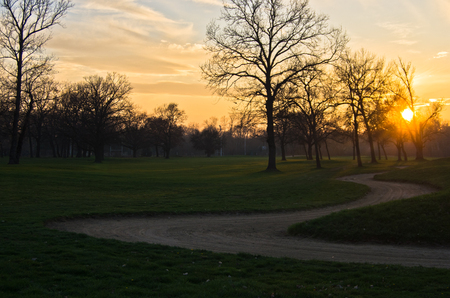 Sunset at golf course on Ada river island, Belgrade, Serbiaの写真素材