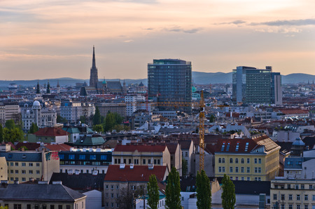 Vienna cityscape at sunset, mix of different ages, styles and colors, Austriaの写真素材