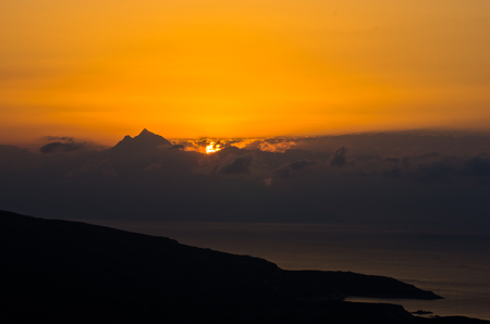 Sunrise at holy mountain Athos in Chalkidiki, Greeceの写真素材