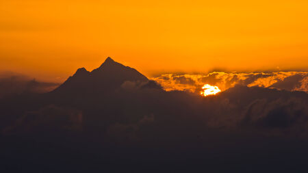 Sunrise at holy mountain Athos in Chalkidiki, Greeceの写真素材