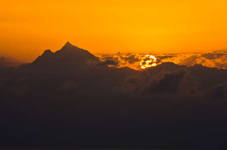 Sunrise at holy mountain Athos in Chalkidiki, Greeceの写真素材