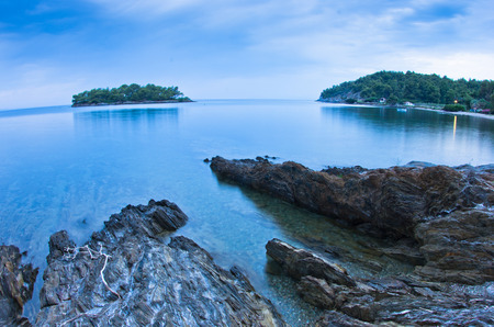 Sea and landscape of Sithonia west coast at twilight, Greeceの写真素材
