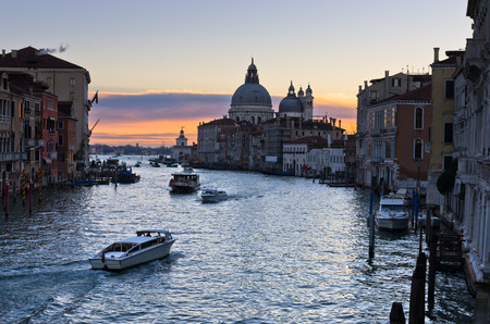 Grand Canal and Santa Maria della Salute church before sunrise in Venice, Italyのeditorial素材