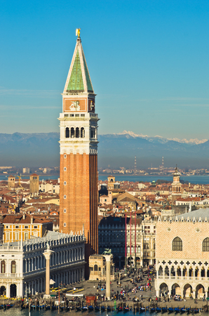 Campanila bell tower at piazza San Marco from the other side of grand channel, Venice, Italyのeditorial素材