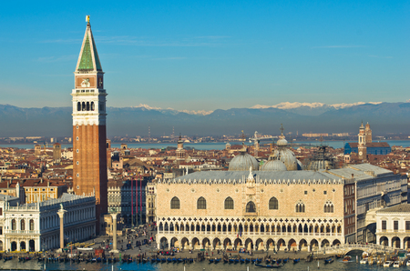 Campanila bell tower at piazza San Marco from the other side of grand channel, Venice, Italyのeditorial素材
