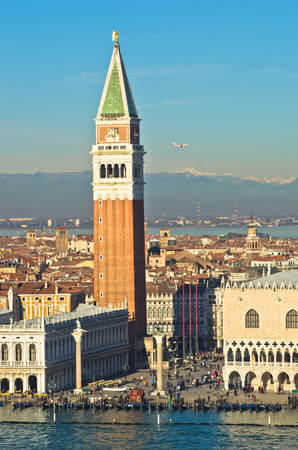 Campanila bell tower at piazza San Marco from the other side of a channel, Venice, Italyのeditorial素材