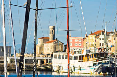 Colorful  architecture details at Piran harbor, Istria, Sloveniaの写真素材