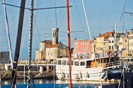 Colorful  architecture details at Piran harbor, Istria, Sloveniaの写真素材