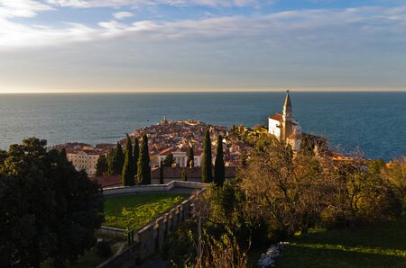 Panoramic view of adriatic sea from the hill above the city of Piran in Istria, Sloveniaの写真素材