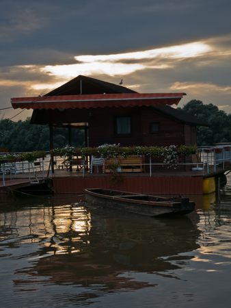 Raft restaurant on Danube river at Belgrade, Serbiaのeditorial素材