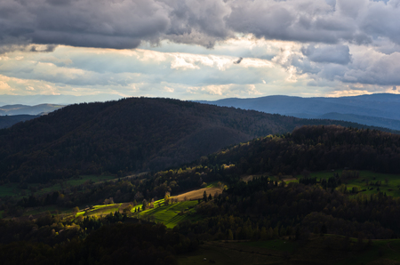 Mountain meadows at autumn illuminated by ray of light, Radocelo mountain, central Serbiaの写真素材
