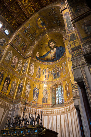 Christ Pantocrator fresco inside Monreale cathedral or Duomo di Monreale near Palermo Sicily Italyのeditorial素材