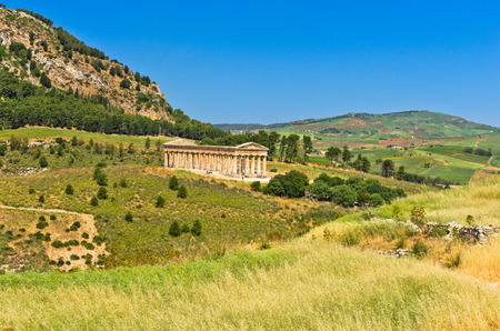 Landscape of Sicily with old greek temple at Segesta Italyの写真素材