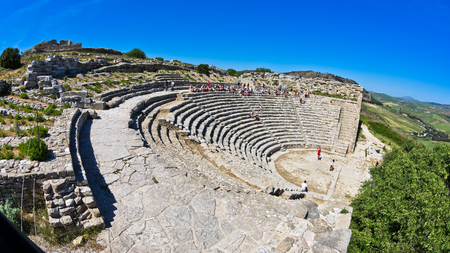 Landscape of Sicily with ancient greek theater at Segesta Italyの写真素材