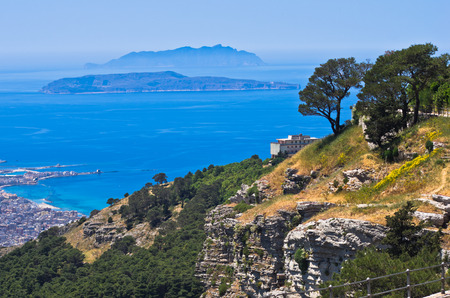 Viewpoint at famous Egadi islands from a top of a cliff at Erice Sicily Italyの写真素材