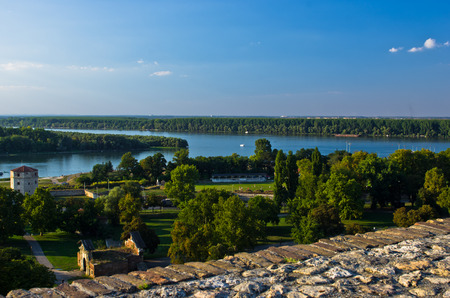 View from Kalemegdan fortress to confluence of Danube and Sava river, Belgrade, Serbiaの写真素材