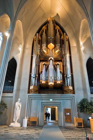 Pipe organ inside Hallgrimskirkja, Reykjavik cathedral, Icelandのeditorial素材