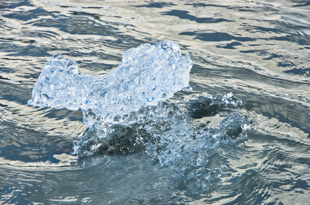 Small chunk of ice from iceberg floating and melting at Jokulsarlon glacier lagoon at summer,...