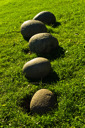 Icelandic traditional rounded stones in front of Gunnar Gunnarsson house at Fljotsdalur, Icelandの写真素材