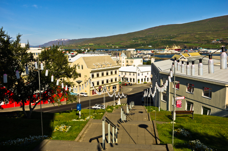 Akureyri downtown and harbor at fjord in north Icelandのeditorial素材