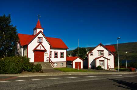 Colorful catholic church in Akureyri, north Icelandの写真素材