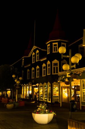 Akureyri downtown at night, north Icelandのeditorial素材